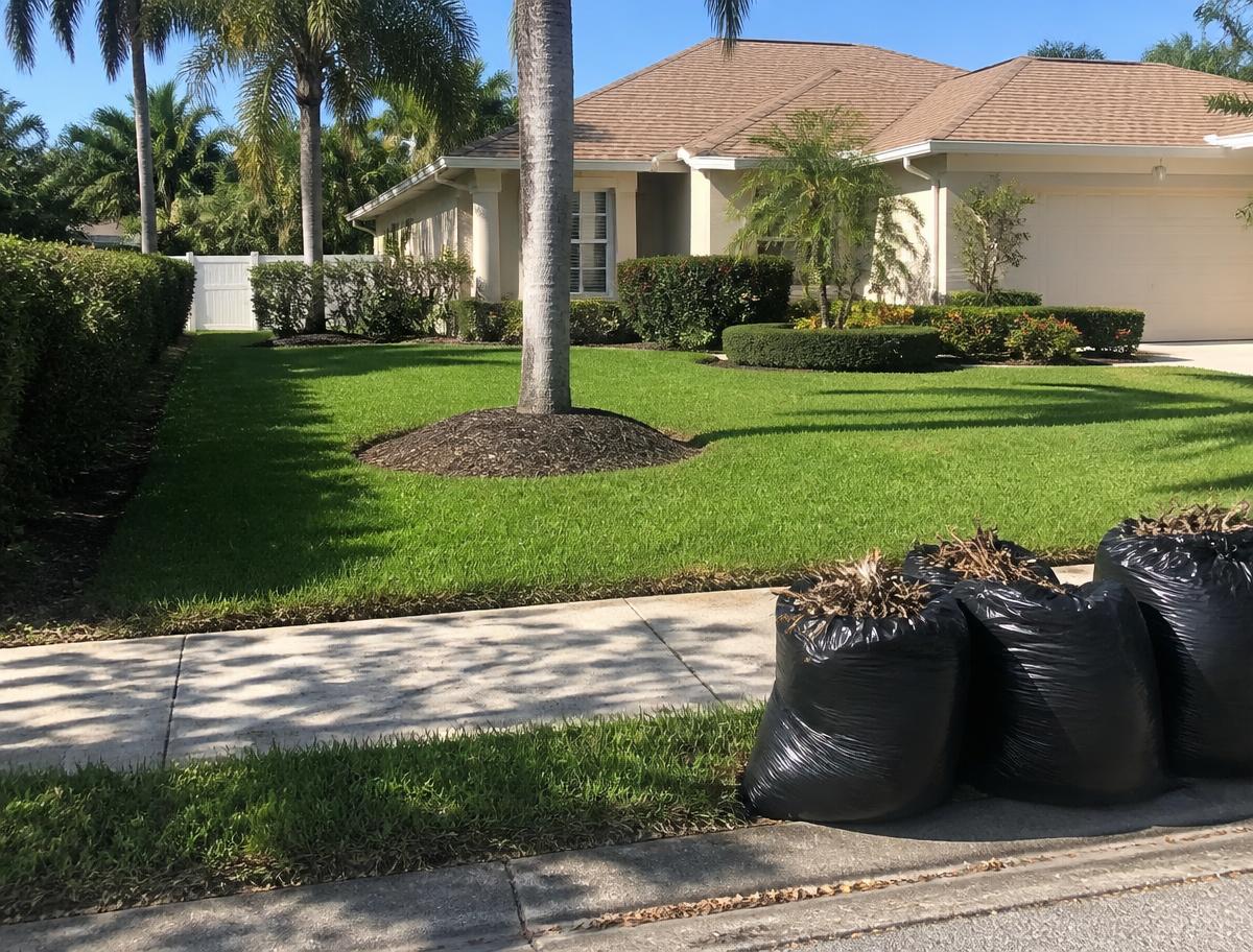 Yard cleanup with debris bagged and set at the curb in Deltona, Florida
