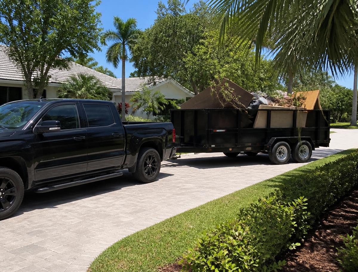 Truck and trailer loaded with junk and yard debris for removal